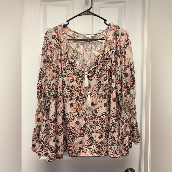 Lucky Brand Boho Floral Peasant Top – Tassel Tie Neck, Bell Sleeves, Size 1X - Picture 1 of 7
